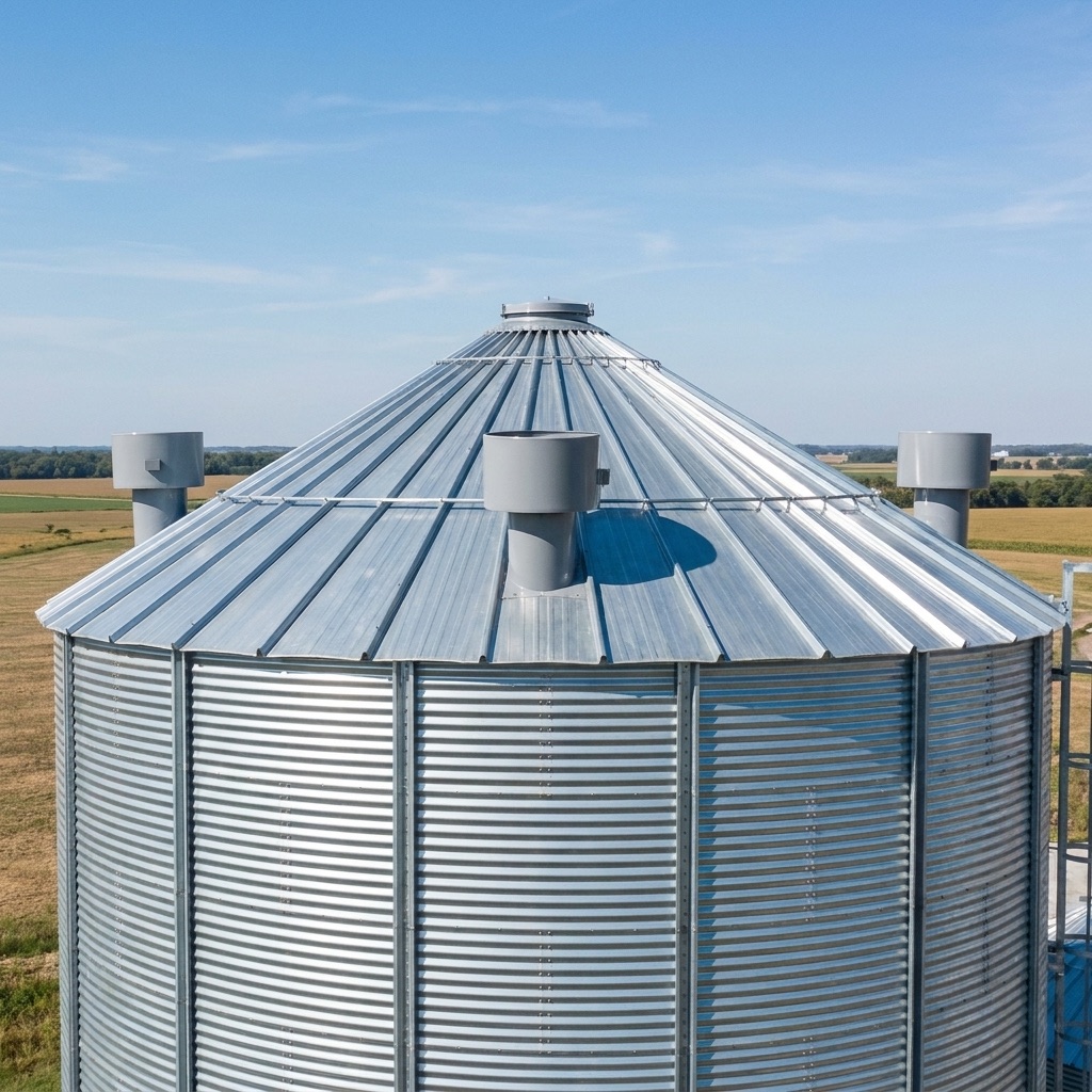 Exaustores elétricos Mitsuy instalados no telhado de um silo de grãos